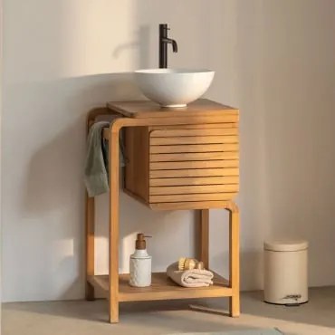 Zestaw Mebli Łazienkowych Bradley Z Drewna Tekowego Okrągły Biały Ceramiczny Ø30 Cm Calgari & Bezlusterkowiec & - Sklum