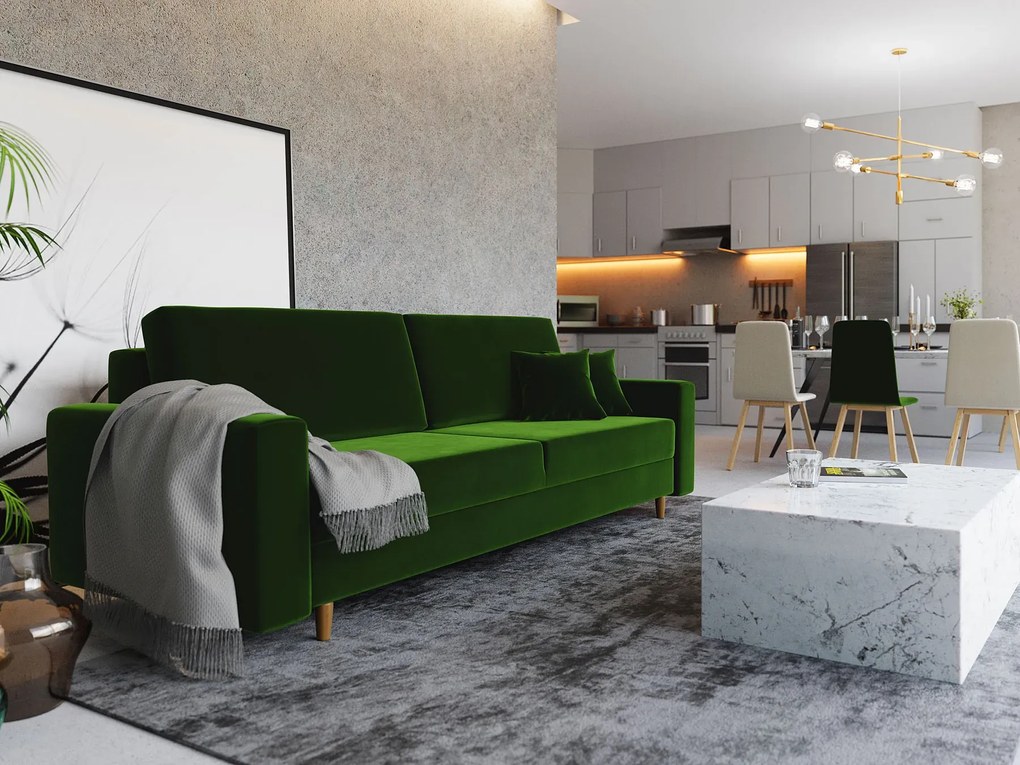 Zielona sofa welurowa z pojemnikiem i funkcją spania F6-F03