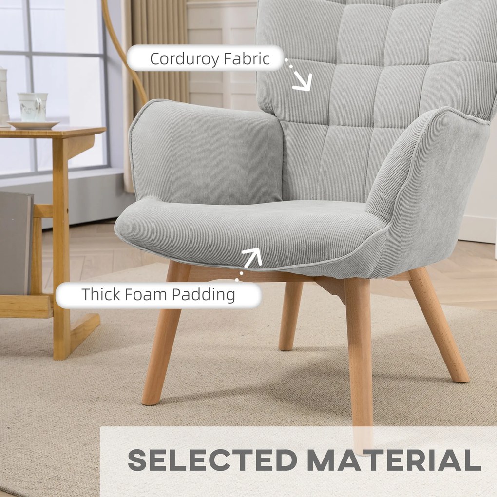 HOMCOM Fotel akcentowy w stylu skandynawskim, fotel z otomaną, zestaw, drewno bukowe, wykończenie corduroy, Szary