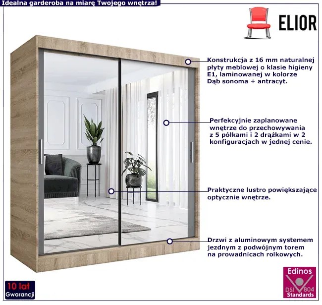 Szafa przesuwna z lustrem 180 cm dąb sonoma + antracyt - Kukkin 5X