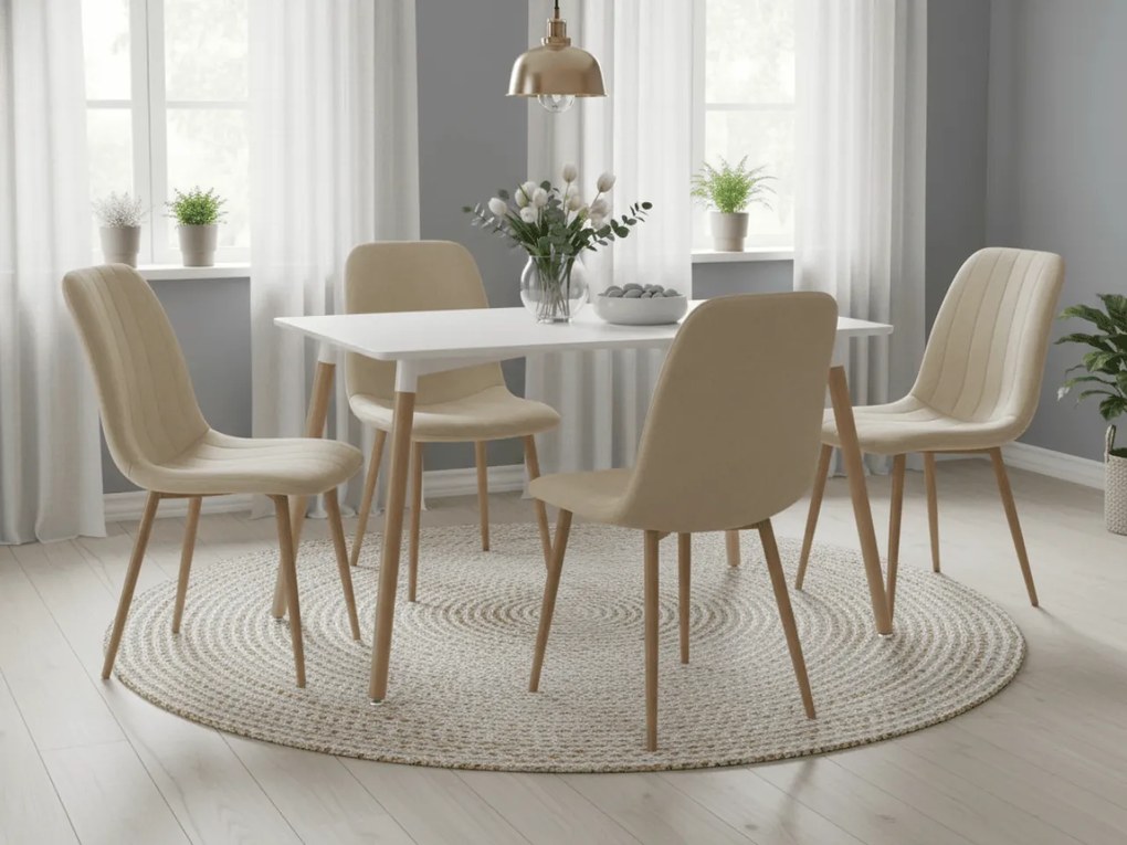 Zestaw jadalniany 1 + 4, biały stół jadalny ADRIA 120x80 cm + kremowe aksamitne krzesło LAVA