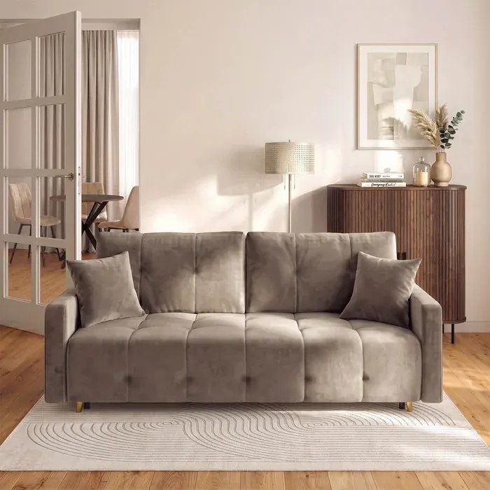 Sofa z Funkcją Spania SEUL Rozkładana Dwuosobowa Welurowa Beżowa Glamour
