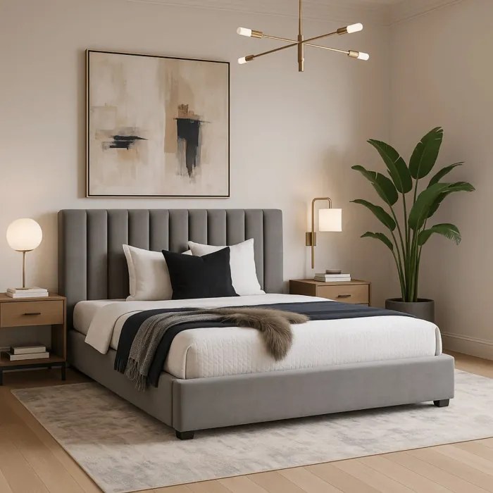 Łóżko Tapicerowane 160x200 cm ze Stelażem Dwuosobowe MARI Welurowe Szare