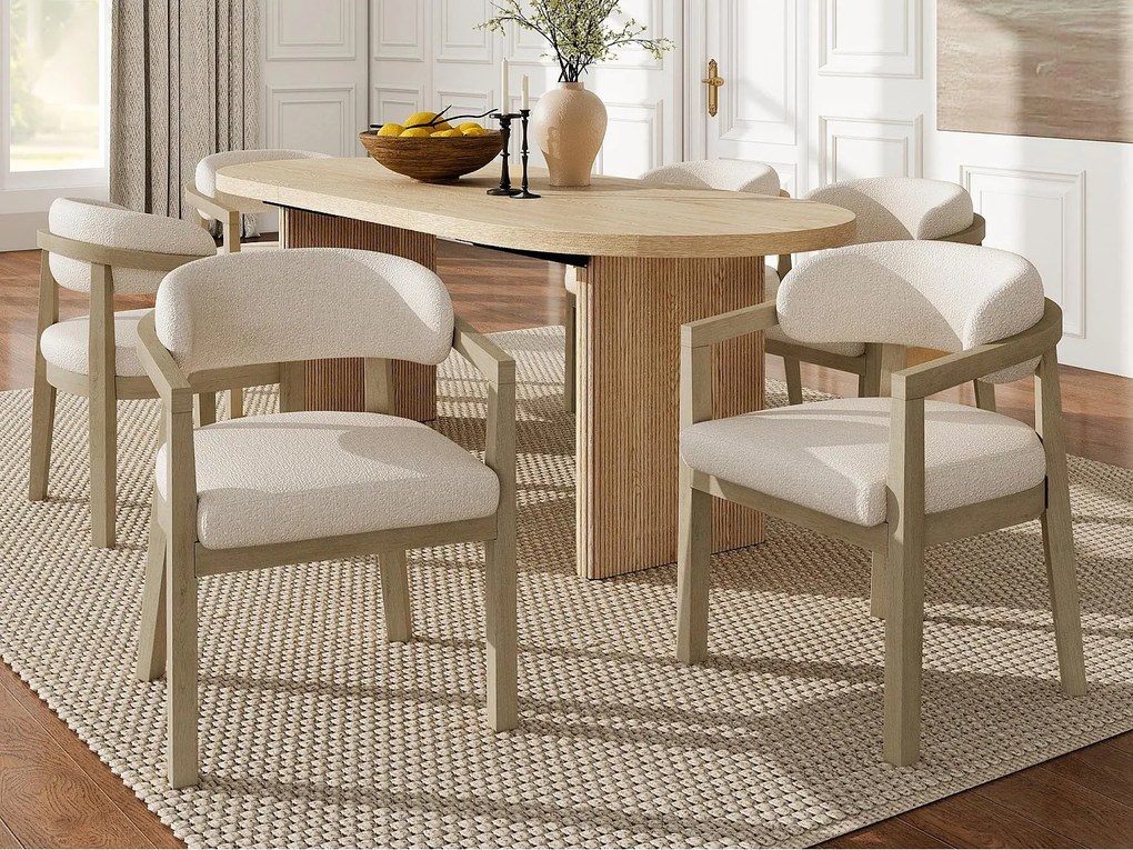 Zestaw 6 krzeseł z litego drewna - Wygięte oparcie - Z podłokietnikami - Pokrycie z weluru bouclé - Naturalny