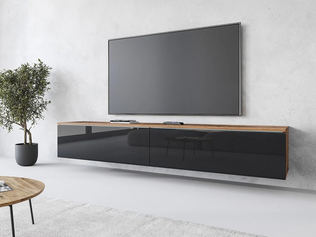 Nowoczesna szafka RTV 180 cm do salonu z LED – 2-drzwiowa, bezuchwytowa, korpus dąb wotan, fronty czarny połysk, stojąca lub wisząca