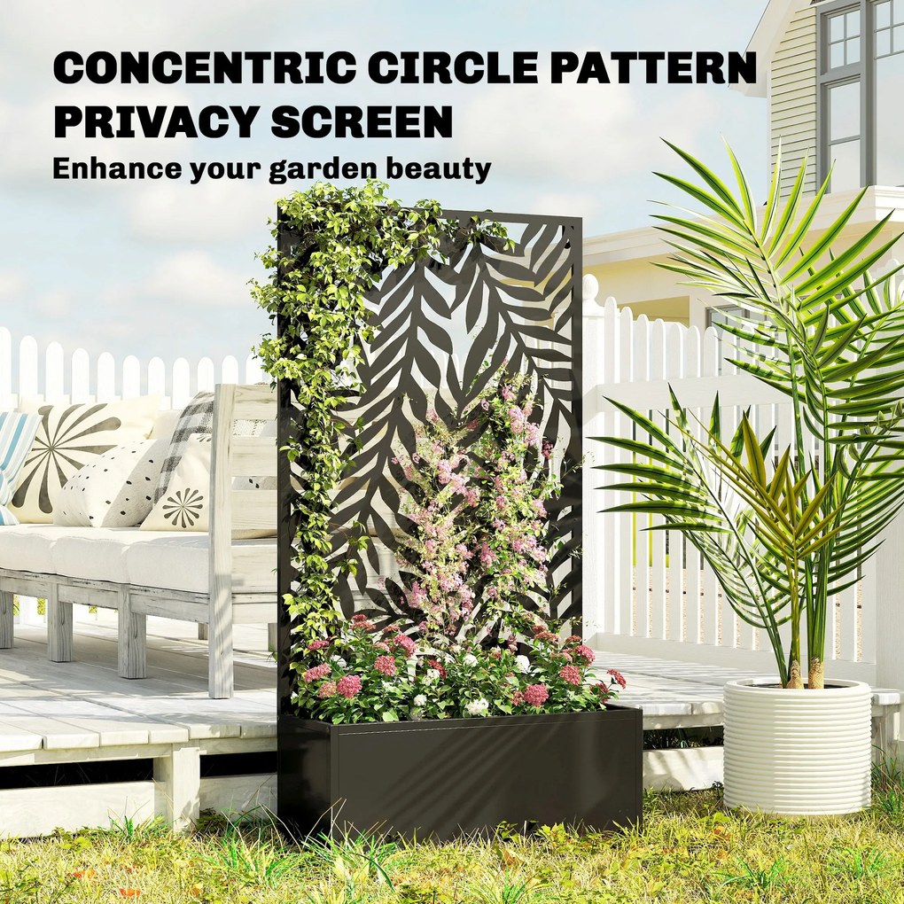 Outsunny Donica z osłoną wizualną Donica z kratką tropikalne motywy liści 61 x 23 x 113 cm Czarny | Aosom PL