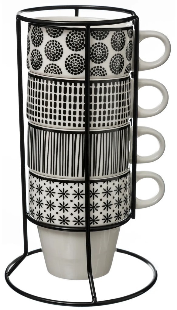 Zestaw 4 filiżanek porcelanowych na stojaku, kubki do kawy, komplet kubków, porcelanowe kubki, kubki na stojaku