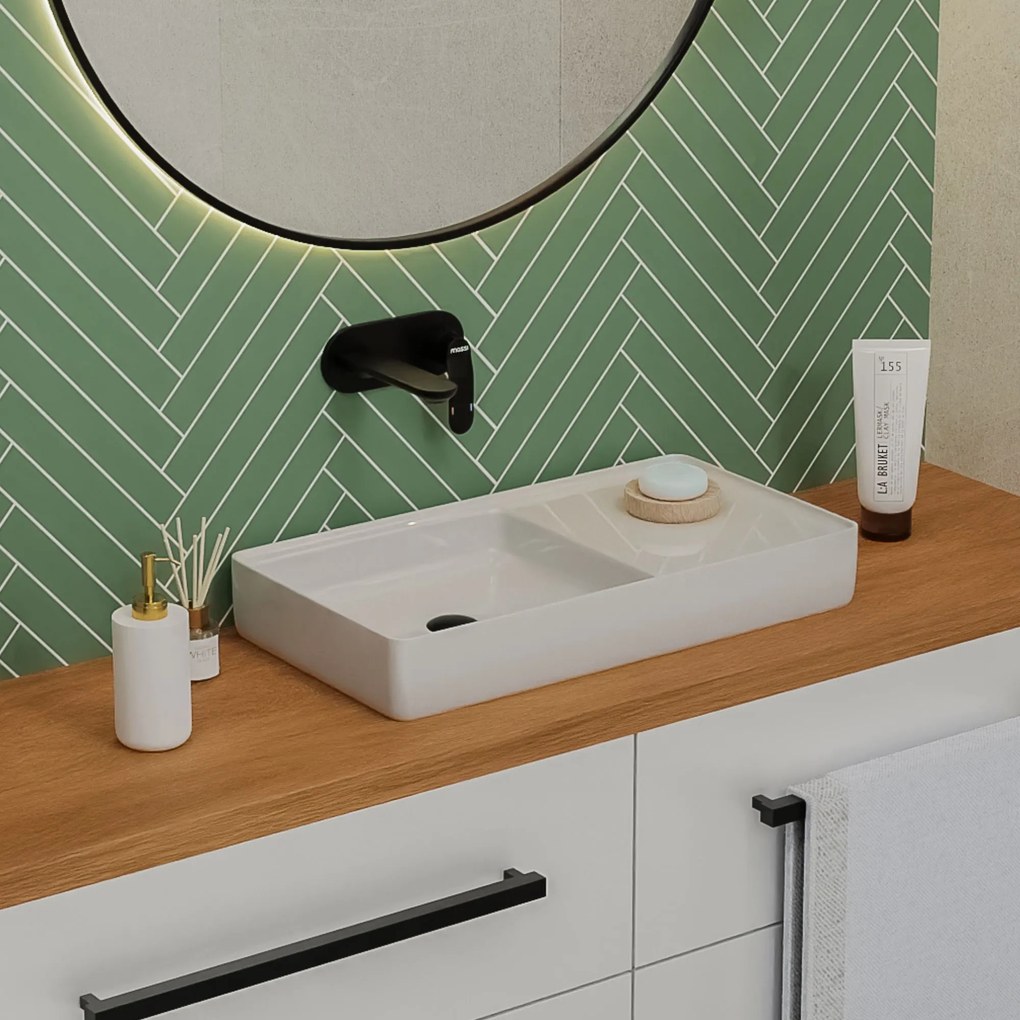 Umywalka ceramiczna nablatowa prostokątna biała z dużą półką na mydło 76 x 40 cm GERA