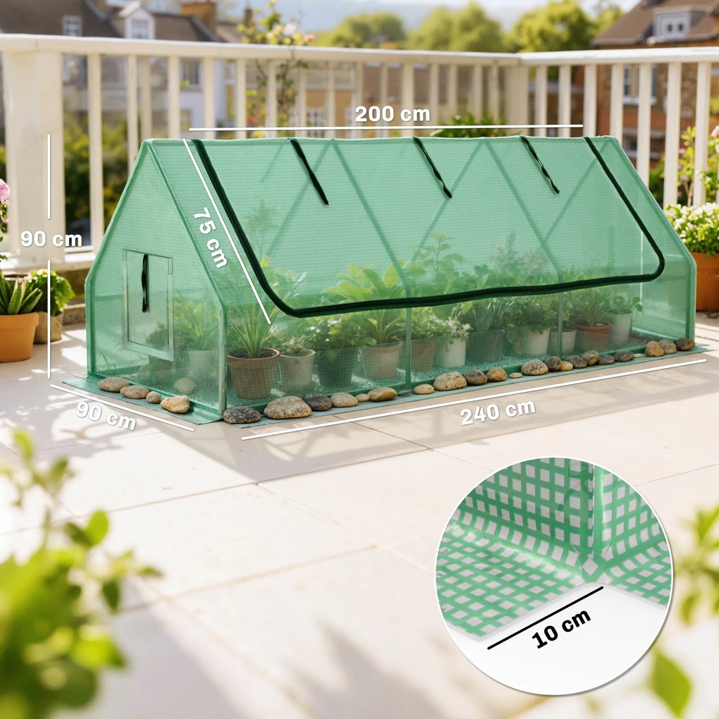Outsunny mini szklarnia ogrodowa tunelowa odporna na warunki atmosferyczne z oknami zwijanymi zielona 240x90x90 cm | Aosom PL
