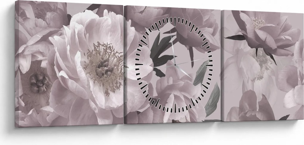 Obraz - Vintage kwiaty piwonii (z zegarem) (90x30 cm)