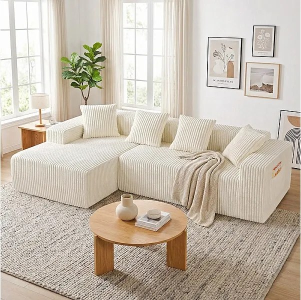 Modułowa Narożna Sofa Lewa - w Welurze Żebrowanym Beżowym - 3-osobowa - z 4 Poduszkami i leżanką - 261x156x80cm
