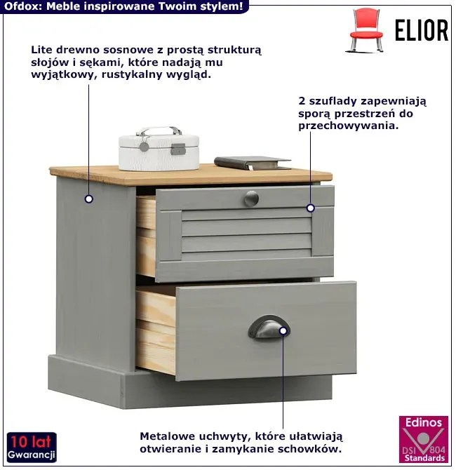 Szara drewniana szafka nocna z 2 szufladami R1-H45