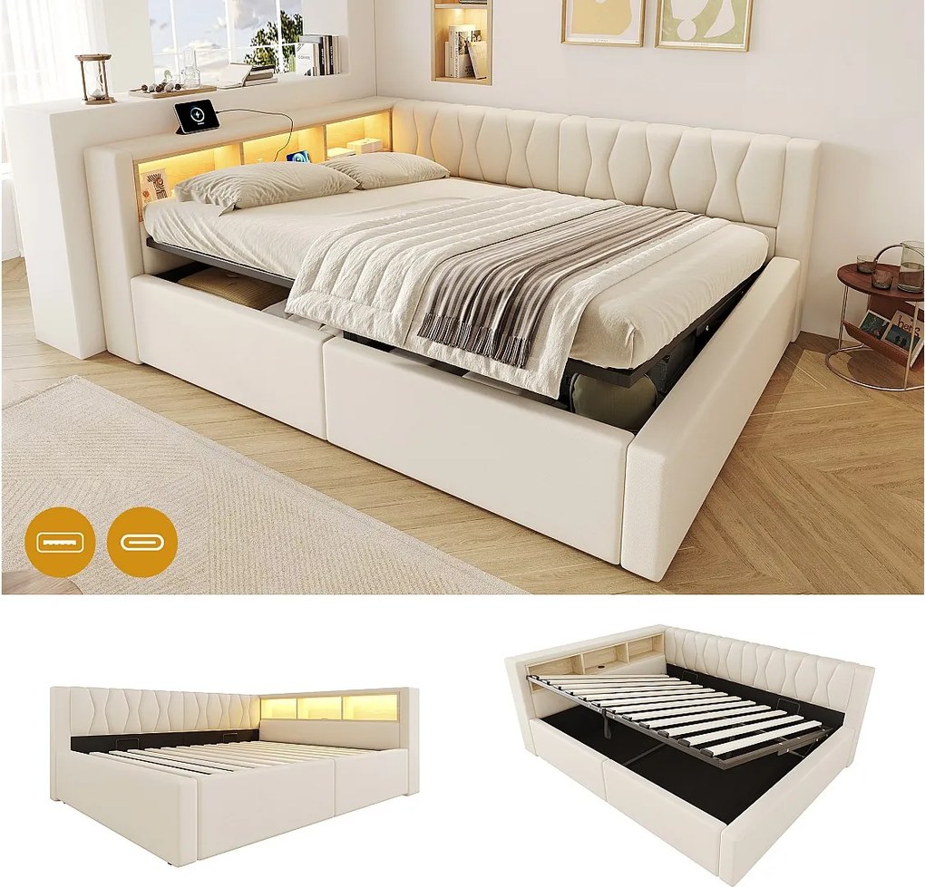 Łóżko z pojemnikiem 140 x 200 cm, z hydraulicznym schowkiem, półkami, regulowanym oświetleniem LED i portem USB - Len - Beżowy (Materac nie jest wliczony w cenę)