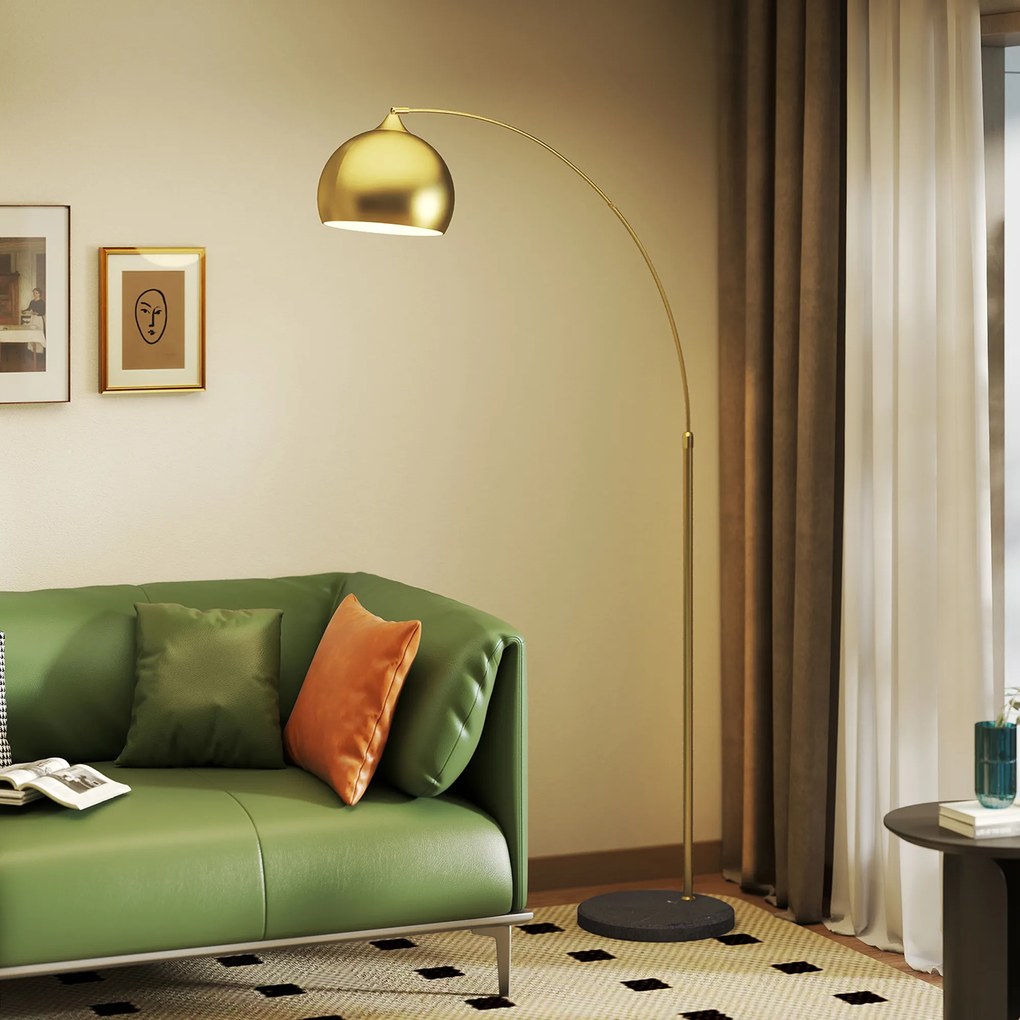 HOMCOM Lampa łukowa, regulowana lampa stojąca, wyłącznik nożny, podstawa w stylu marmuru, 170-180 cm, srebrna/czarna | Aosom PL