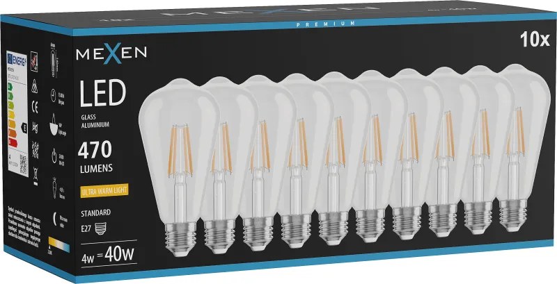Mexen Vintis 10x żarówka filament LED E27, ST64, 4W, Ciepła - 2200K, 470 lm, clear - L152-E27-0422-00x10