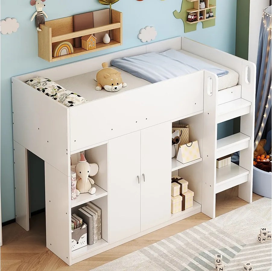 Łóżko piętrowe dla dzieci - 90 x 200 - z schowkiem i 2 drzwiami - z szafą + półki - drewno + MDF - białe