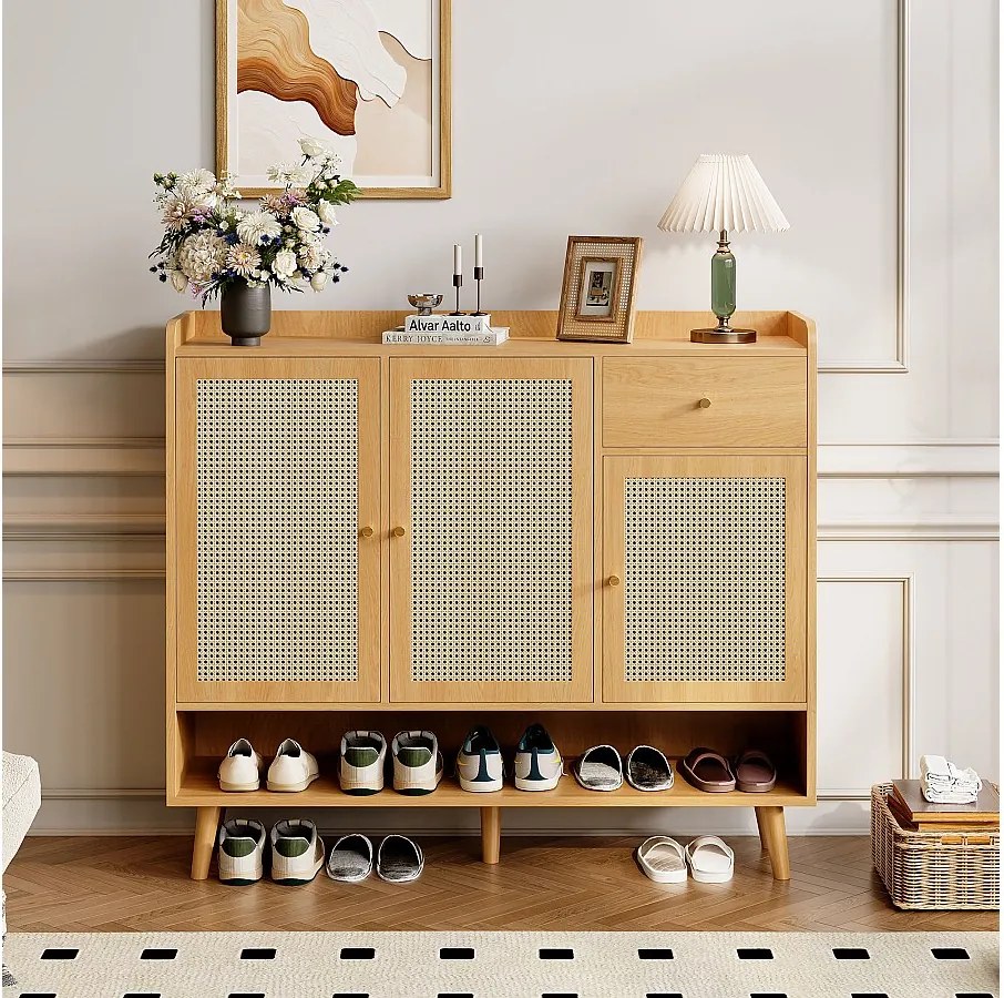 Szafka na buty rattanowa - 120 x 35 x 106 cm - z 3 drzwiami + 1 szufladą + 5 półkami - płyta wiórowa - naturalna