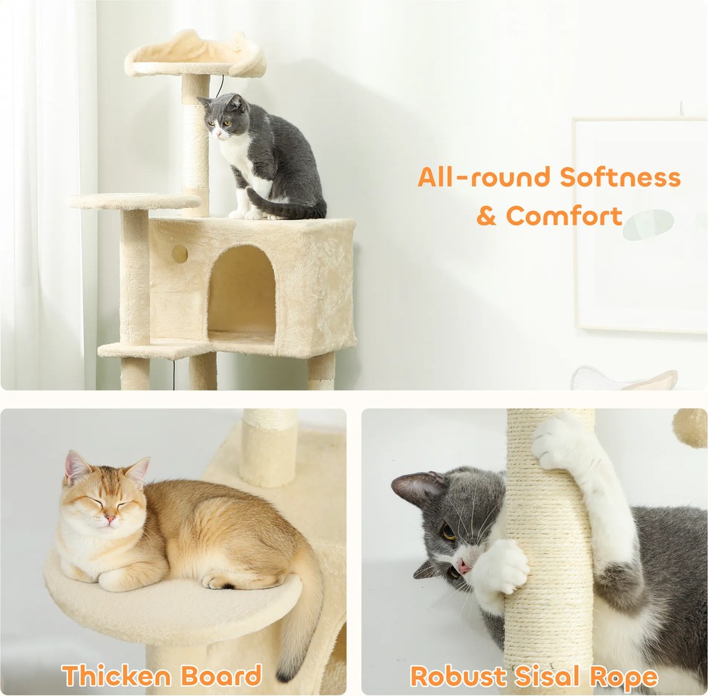 PawHut Drapak 140 cm wieża dla kota z hamakiem, drabinką, budką, 2 pluszowymi piłeczkami, słupkami sisalowymi, 48 x 48 x 140 cm, Beżowy