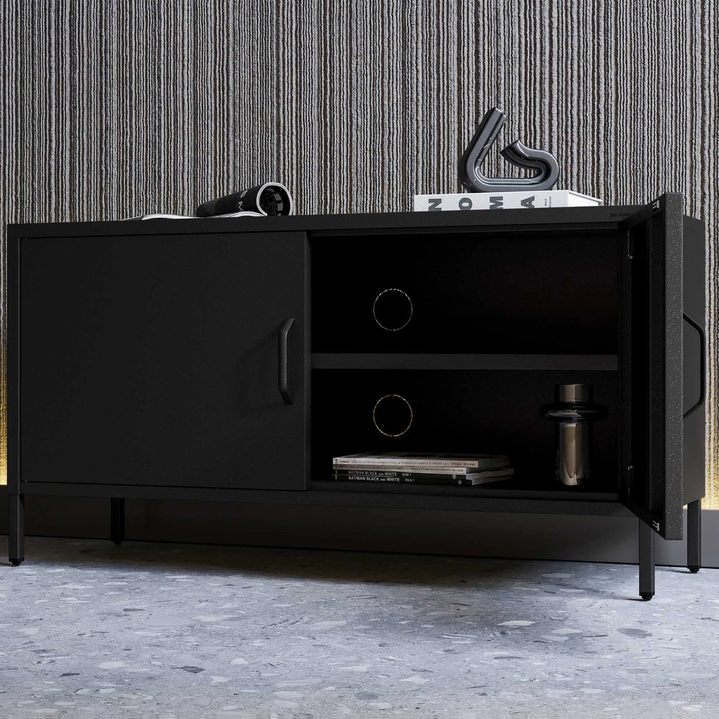 Szafka RTV metalowa na nóżkach czarna, 1150x595x400 mm: ROSA Modern