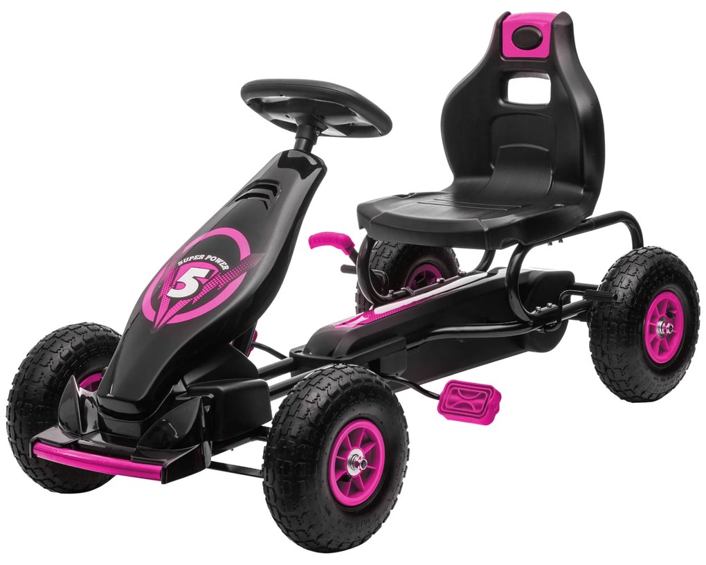 HOMCOM Gokart dla dzieci z pedałami, regulowanym siedzeniem, do użytku wewnątrz i na zewnątrz, od 5 lat, Czarny + Różowy, 121 x 58 x 61 cm