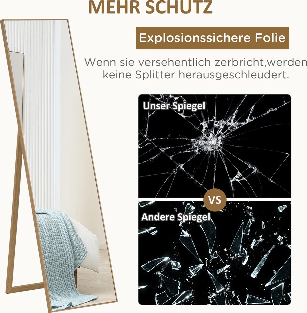 HOMCOM Lusterko Stojące Pełnowymiarowe Srebrne z Jasnobrązową Ramą Eleganckie do Sypialni i Garderoby | Aosom PL