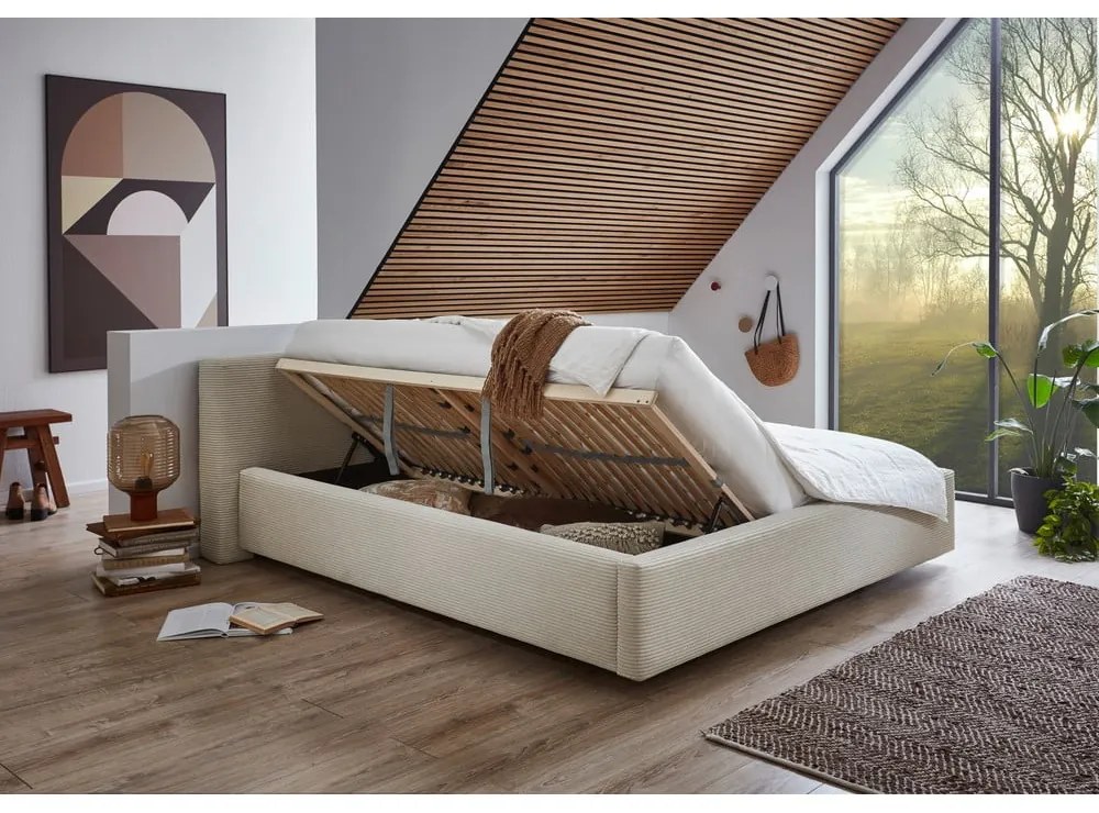 Beżowe tapicerowane łóżko dwuosobowe ze schowkiem ze stelażem 180x200 cm Cube – Meise Möbel