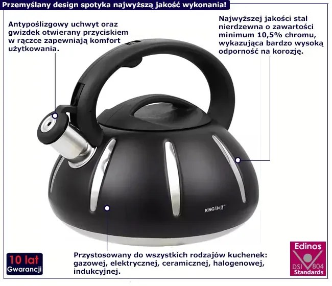 Klasyczny czarny czajnik ze stali nierdzewnej 2,4L K9-S27