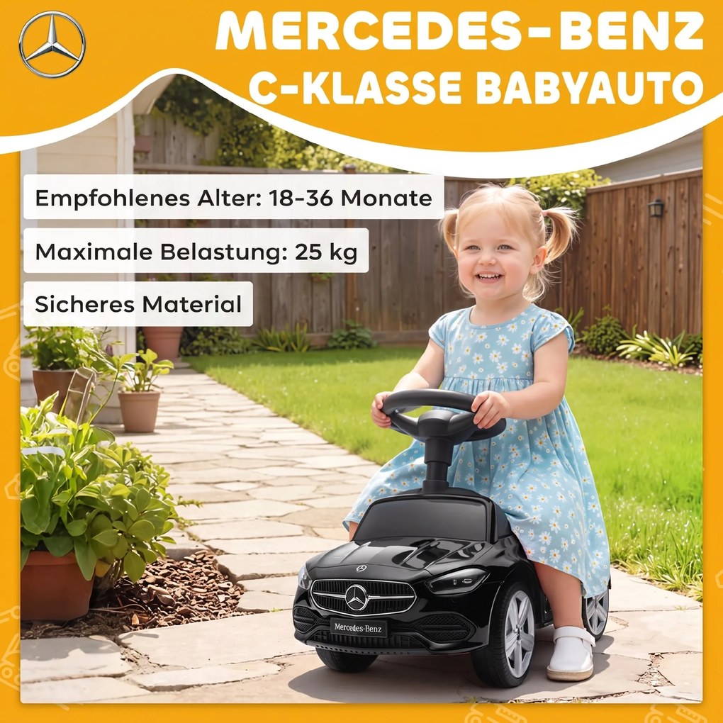 AIYAPLAY Mercedes-Benz C-Class jeździk z klaksonem, odgłosami silnika, schowkiem, dla dzieci 18-36 Monate, Schwarz | Aosom PL