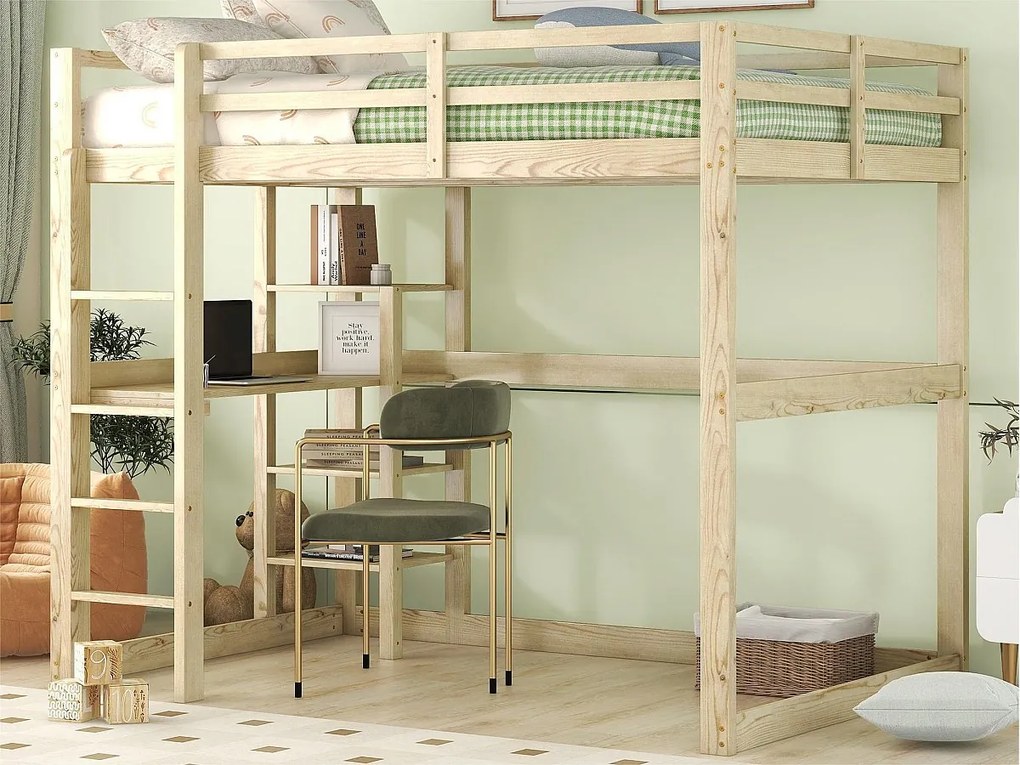 Łóżko mezzanine 140x200cm z litego drewna - z biurkiem i półkami - Naturalne