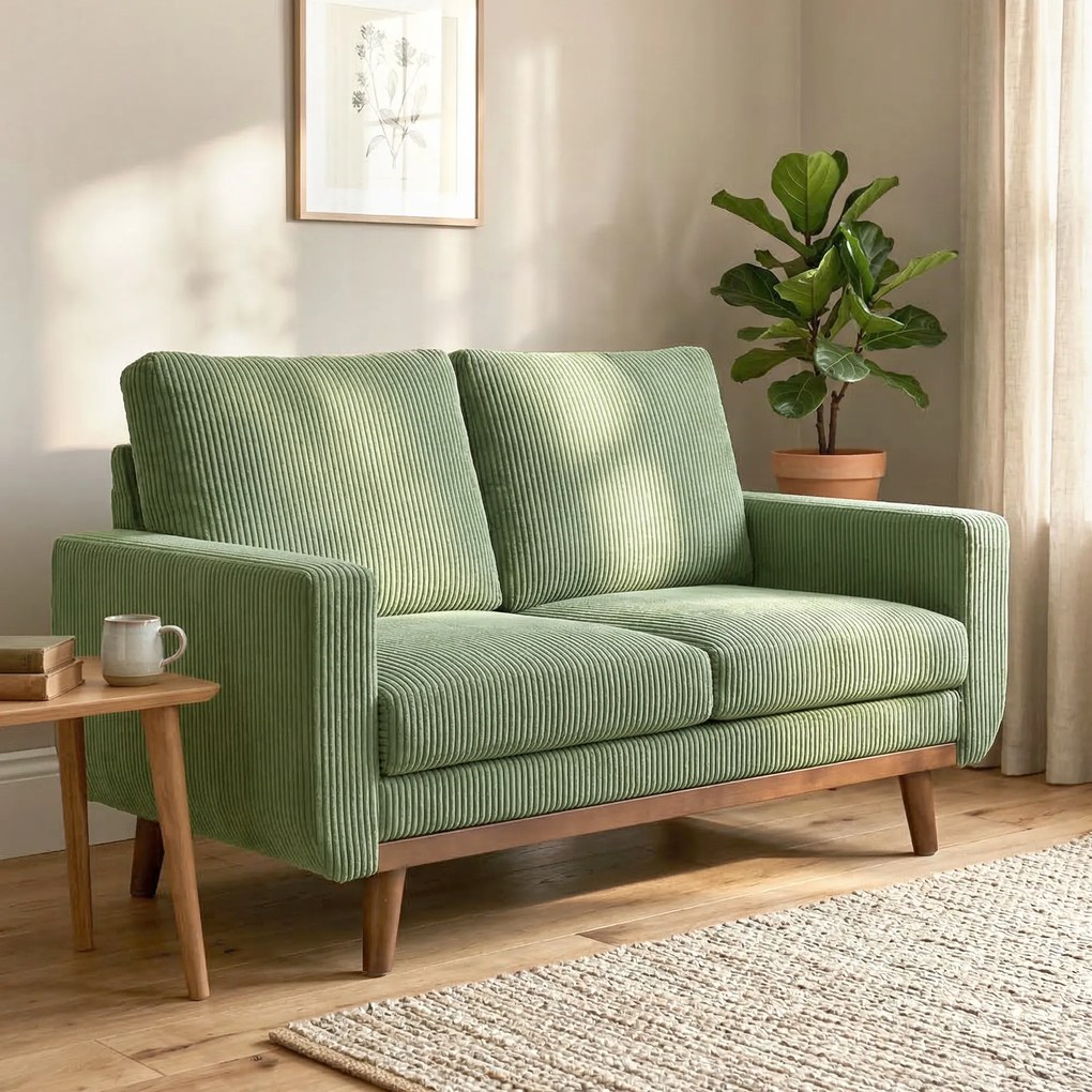 HOMCOM 2-osobowa sofa, 134 cm, sztruksowa kanapa z kieszeniowymi sprężynami, grubym oparciem, drewnianymi akcentami, zielona | Aosom PL