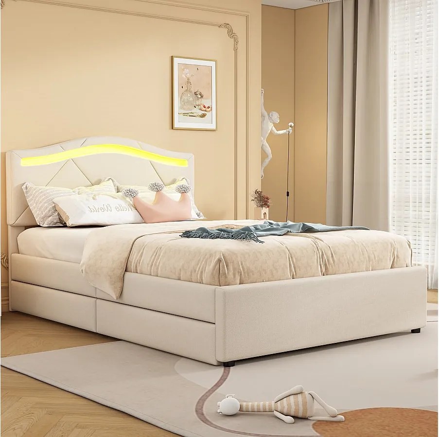 Łóżko tapicerowane - 90 x 200 cm - z regulowanym zagłówkiem i 2 szufladami - tkanina lniana - diody LED - kolor beżowy