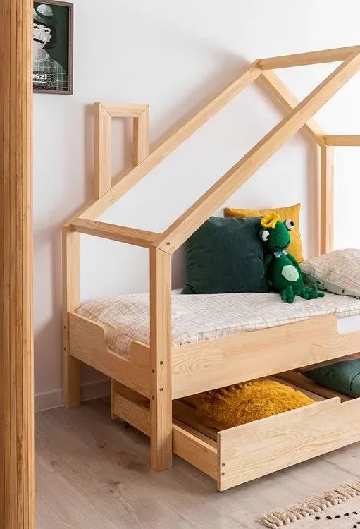 Drewniane łóżeczko dziecięce domek z szufladą N3-R60