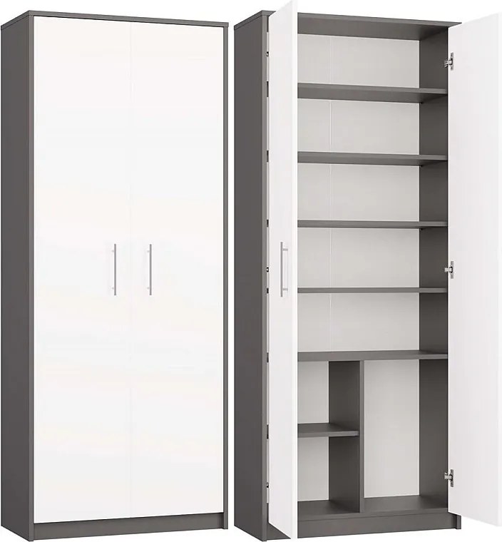 Regał Oliv 2D | Antracyt/ Biel | 74x35x180 cm | Regał Zamykany, 2 Drzwi, 8 Półek