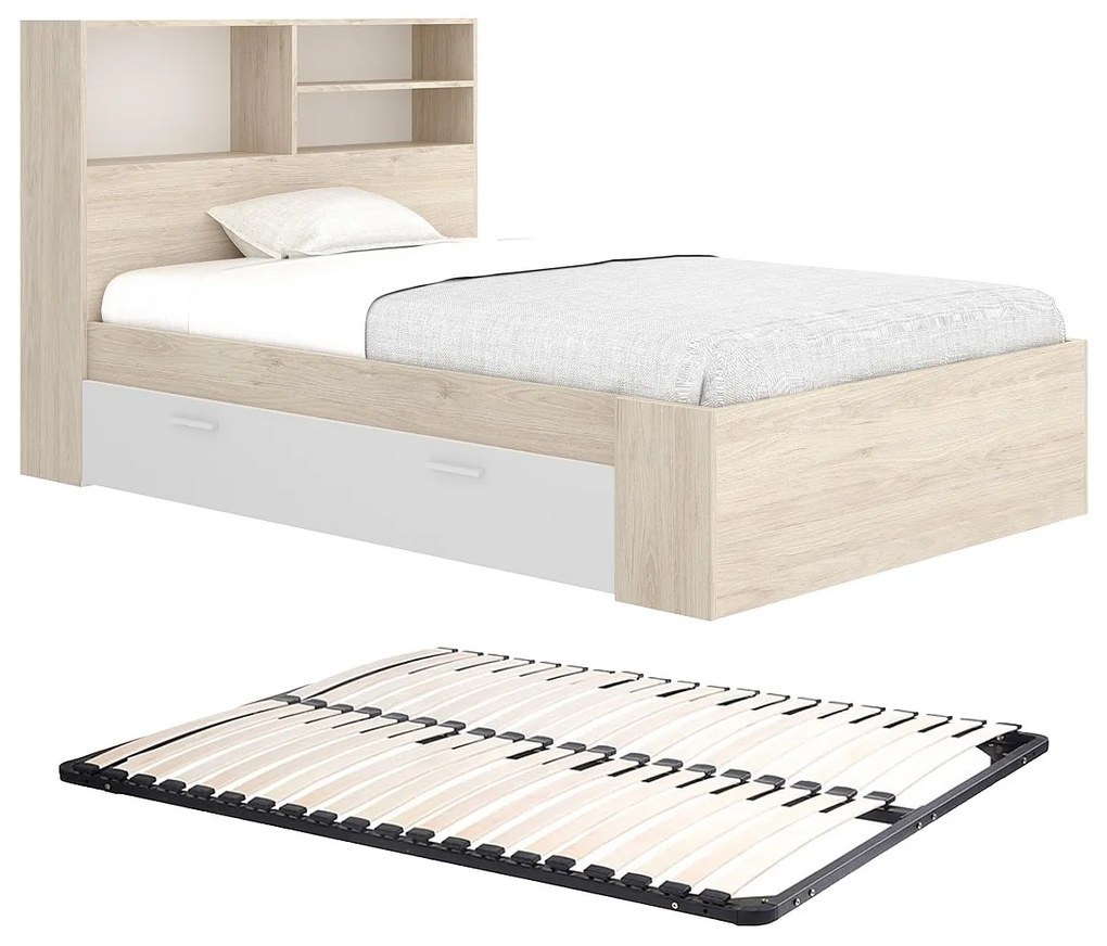 Łóżko 120 x 190 cm  ze skrzynią i - Naturalny i biały + Stelaż - VARDIEL