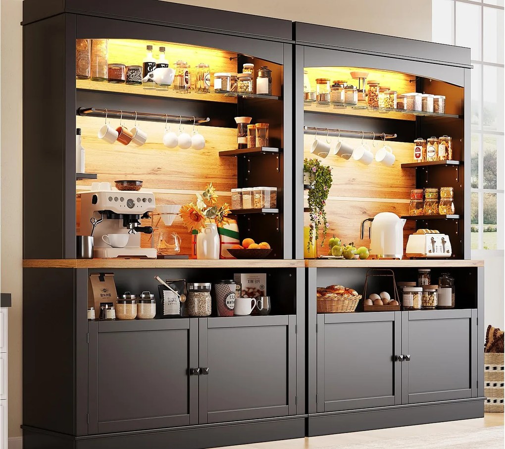 Mebel kuchenny, kredens kuchenny 214x43x184 cm - z oświetleniem LED - otwarta półka - czarny