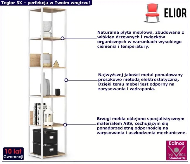 Wysoki regał z białym metalowym stelażem biały + dąb sonoma - Shira 3X