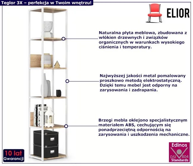 Wysoki regał z białym metalowym stelażem biały + dąb sonoma Ziso