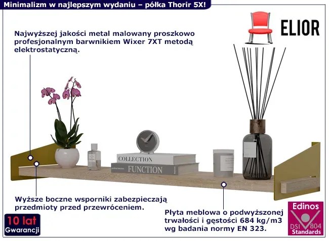 Półka ścienna glamour na książki złoty + dąb sonoma - Thorir 5X