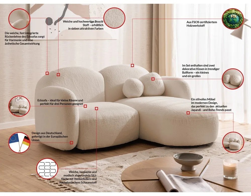 Jasnobrązowy narożnik z materiału bouclé (prawostronny/z szezlongiem) Orbit – Ropez