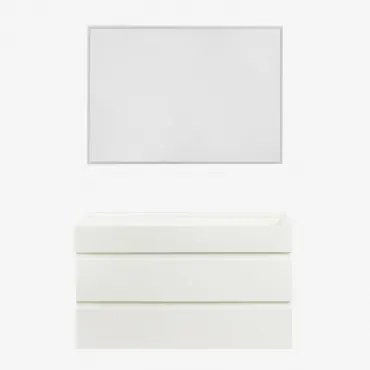 Zestaw Wiszących Mebli Łazienkowych Z Drewna I Forniru Jesionowego Zintegrowany Z Umywalką Ona Biała & Prostokątna - Sklum