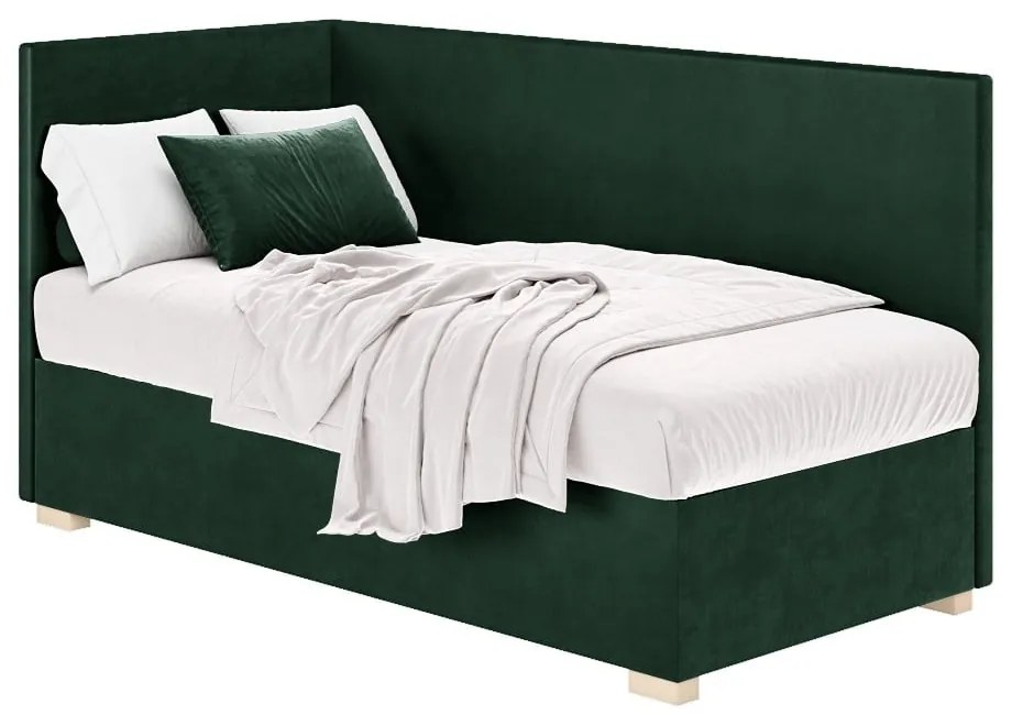 Ciemnozielone narożne łóżko dziecięce ze schowkiem i materacem 90x200 cm Flexi – Ghado