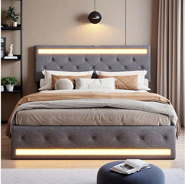 Łóżko Podwójne 140x200 Ciemnoszare z Przechowywaniem, Oświetleniem LED RGB, Miękką Tkaniną Lnianą i Wbudowanymi Portami USB