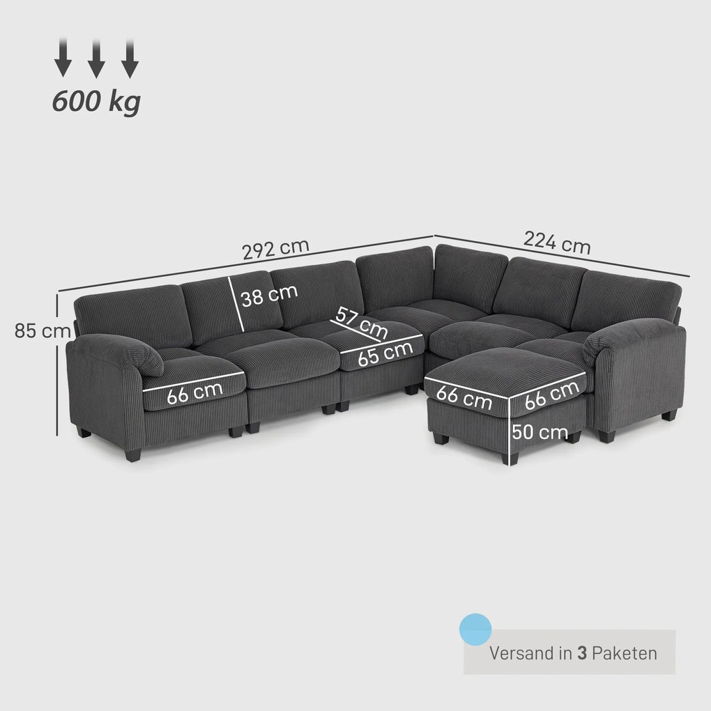 HOMCOM Narożna sofa w kształcie U, sofa z sprężynami kieszeniowymi, wyściełane podłokietniki, ruchomy szezlong, sztruks, 292x224x85 cm, ciemnoszary | Aosom PL