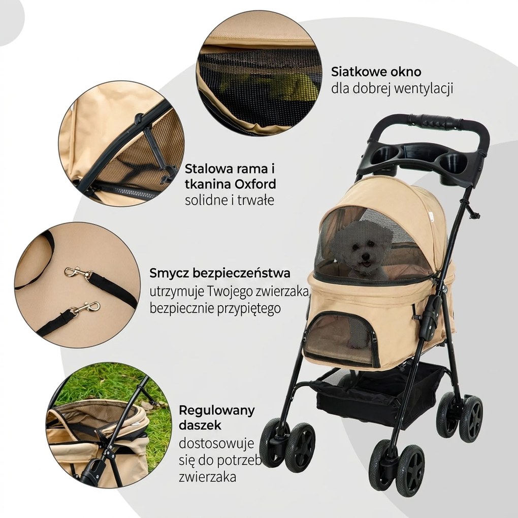Outsunny Wózek dla psa składany z 2 pasami bezpieczeństwa do 20 kg khaki | Aosom PL