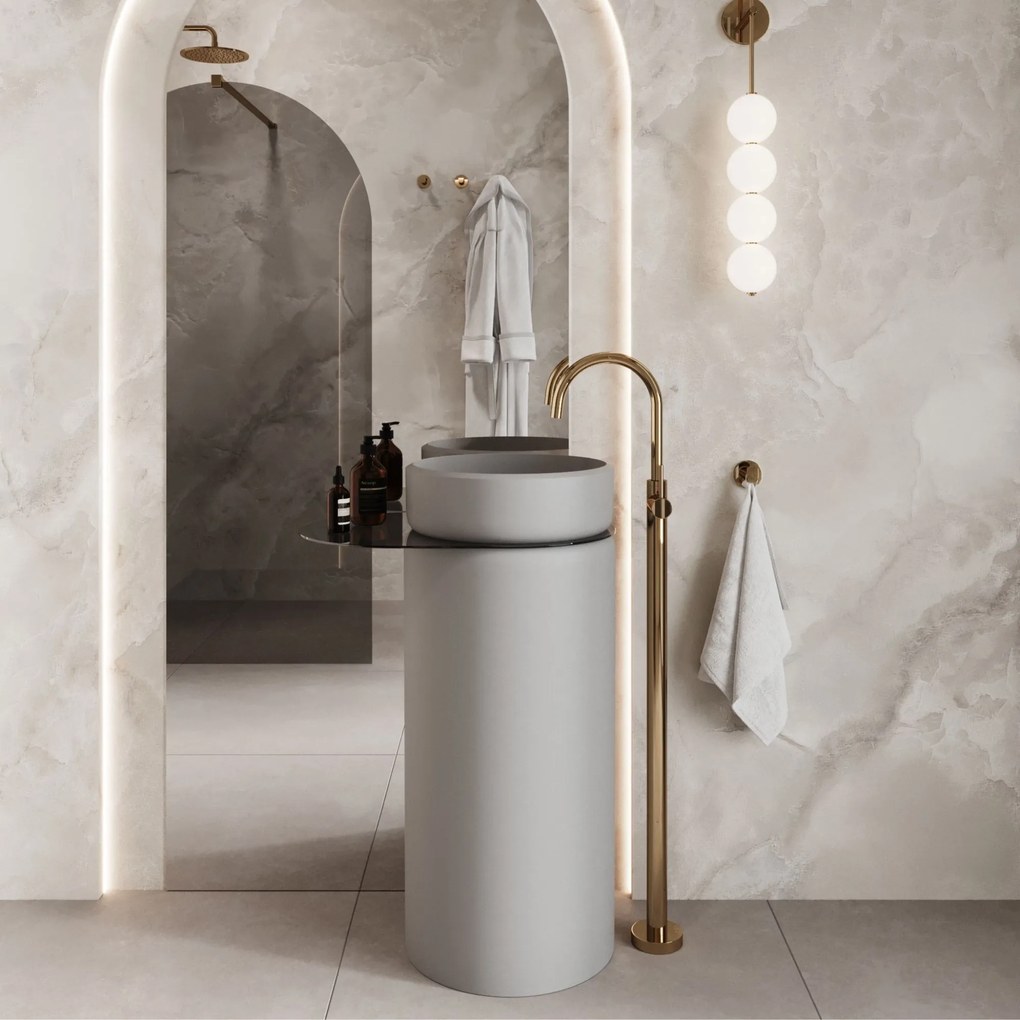 Umywalka z konglomeratu wolnostojąca okrągła z półką szklaną 85 x 40 cm RONA bez przelewu | Różne kolory półki : Kolor szkła - Grafitowy, Kolor umywalki RONA - Szary połysk, Podłączenie syfonu - Do podłogi, Półka - Szklana