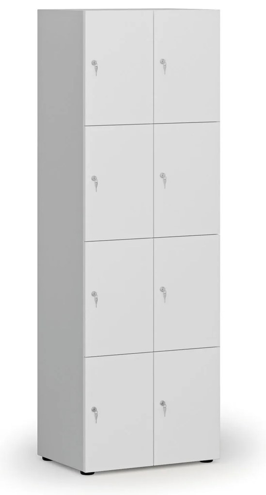 Drewniana szafka skrytkowa S4, 8 schowków, demontaż, zamek cylindryczny, szary/biały