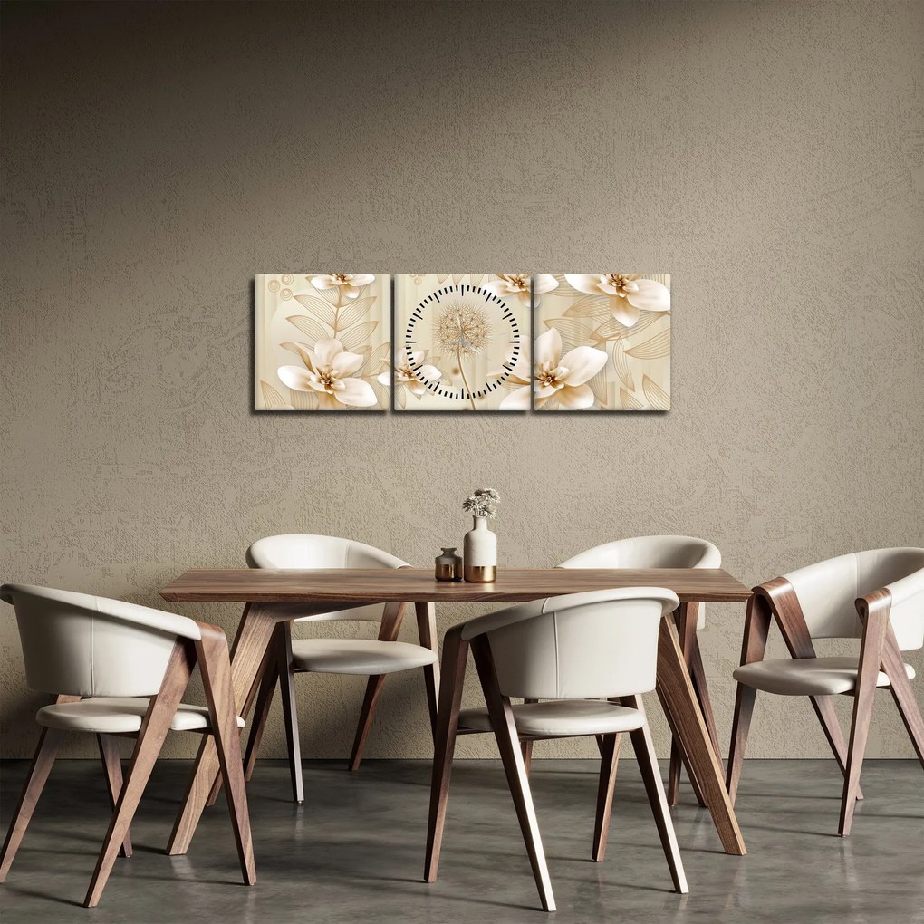 Obraz - Kompozycja złotych kwiatów (z zegarem) (90x30 cm)