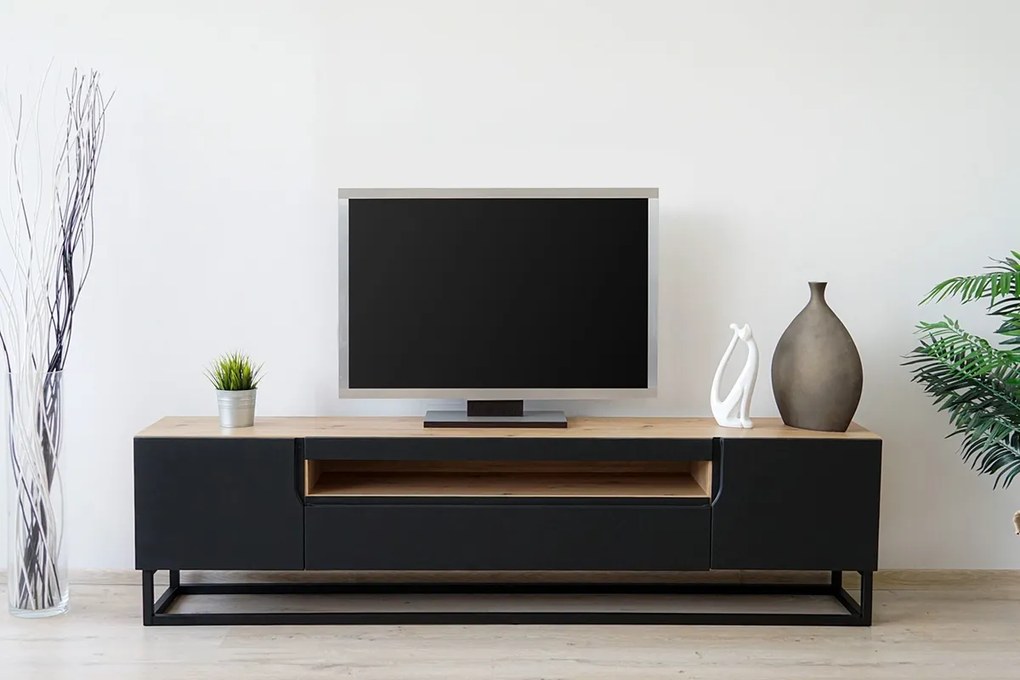 Szafka RTV Loftia 200 cm z wnęką i metalowym stelażem - artisan / czarny mat