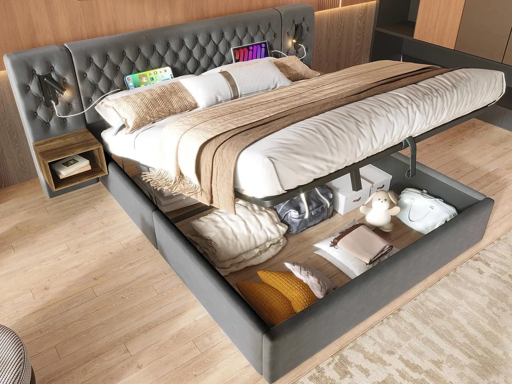 Łóżko z weluru 160x200 cm - 2 nocne stoliki + 2 lampki do czytania z gniazdem USB - Szare (materac nie wchodzi w skład)