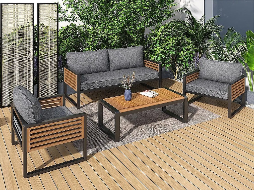 Zestaw mebli ogrodowych z żelaza dla 4 osób - 1 kanapa, 2 fotele i 1 stolik kawowy - dekorowany drewnem akacjowym - szary
